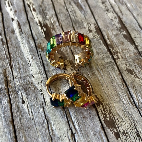 Jewelry - Mini Rainbow Crystal Huggie Hoops and Ear Cuff Set!